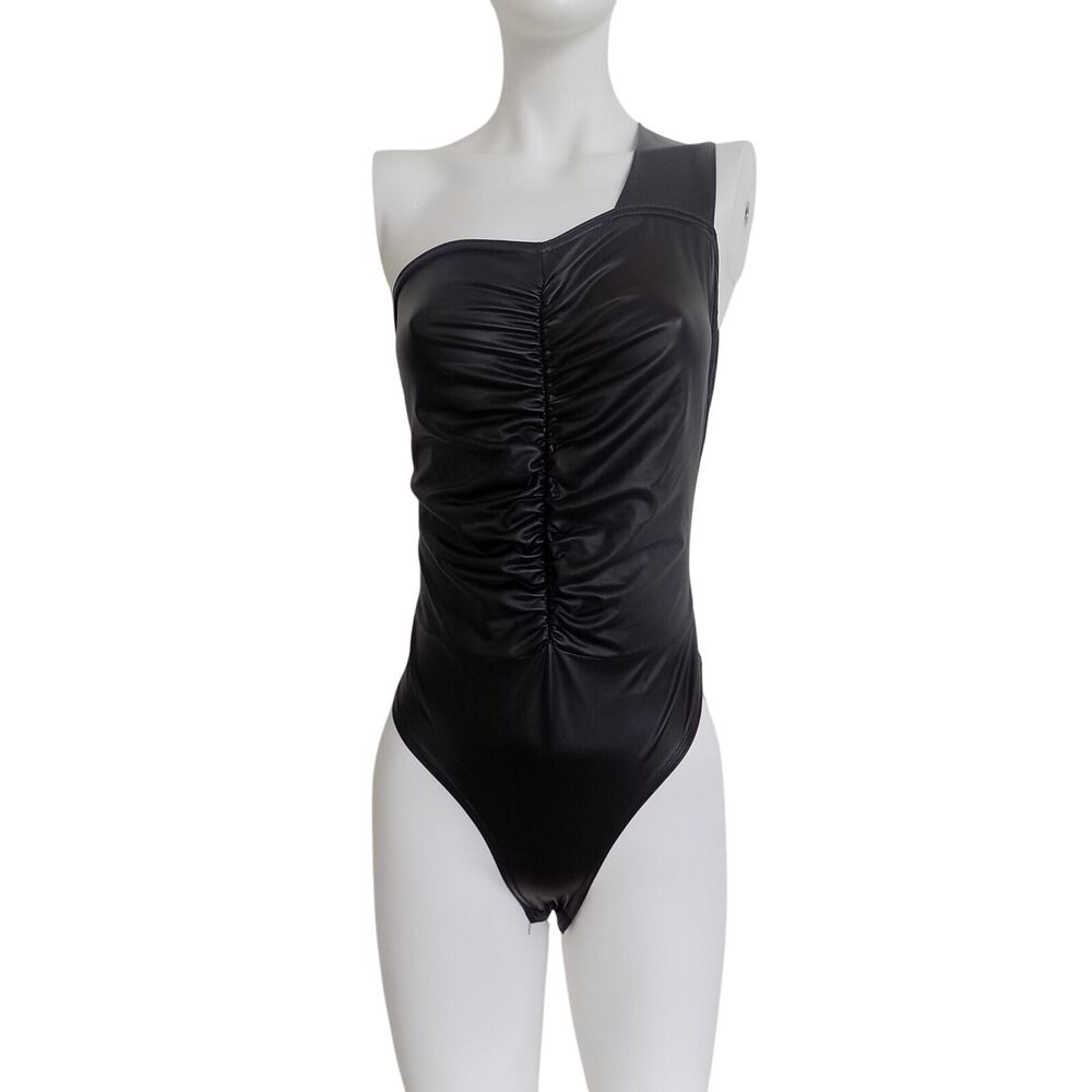 Pretty Little Thing faux leather black bodysuit one shoulder thong size 8